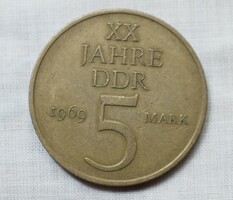 5 Márka , Német Demokratikus Köztársaság , 1969 , érme , pénz 20 éves a DDR