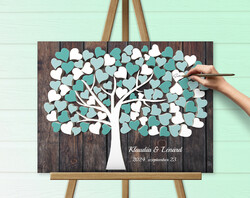 Wedding guest book fingerprint tree canvas picture 60x40 cm turquoise