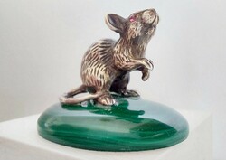 224T. Rare Faberge miniature rat with ruby eyes, malachite base