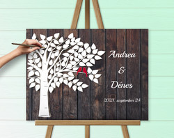 Wedding guest book fingerprint wooden canvas picture 60x40 cm with bird