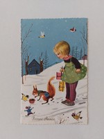 Old New Year's postcard with cartoon postcard of little girl squirrel mouse birds