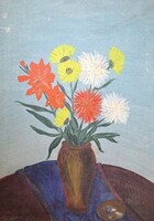 Flower still life with ashtray - 1965 - retro, social real oil painting