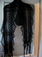 Black handwork crocheted lace ruffled stole with silver thread
