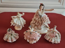 5 db Dresden, drezdai porcelán csipkeruhás balerina és udvarhölgy, grófkisasszony