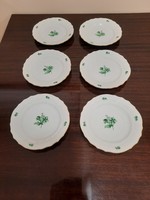 6 db Herendi zöld virágmintás porcelán süteményes tányér készlet
