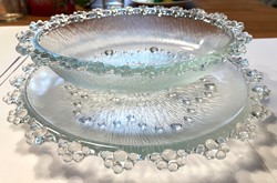 Two beautiful salad and cake glass bowls with pearl-like, laced edges, offering,