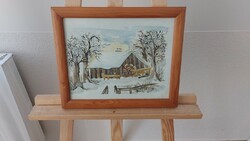 (K) beautiful watercolor landscape painting with cottage 34x28 cm frame