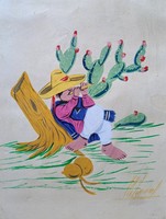 Mexican flute player at the cactus - signed tempera picture