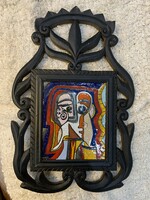 In a large frame, a larger fire enamel picture after Picasso freely in a special real carved wooden frame