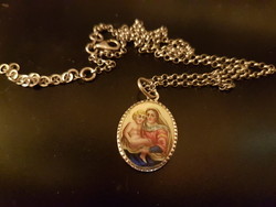 Antique enamel religious pendant in a silver frame, with marked silver chain (Mary and baby Jesus)