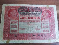 2 Crowns, 1917, serial number 1477, overstamp: deutschöstrreich