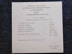 E.C.U. - Integráció az Európai Unióba .925 ezüst 500 Forint 1993 tanúsítványa (id58814)