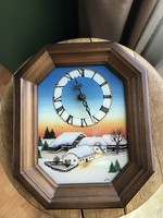 Junghans quartz wooden frame wall clock with interior glass painting