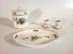 Hollóháza Erika patterned porcelain set 2 candle holders bowl bonbonier -- bowl box gift set