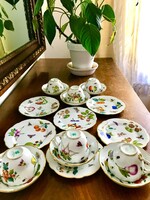 Antik herendi porcelán 6 személyes teáscsésze-aljával, süteményes tányérokkal/gyümölcsmintás dekor