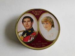 Lithographed round metal candy box from 1981 - the wedding of Prince Charles and Lady Diana