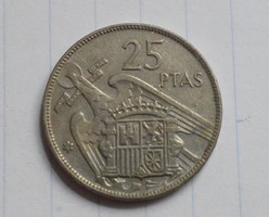 Spanyolország , 25 Peseta , 1957, 61 , pénz , érme