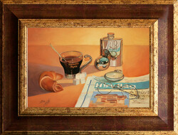 Attila Zoltai: Still life with pocket watch - frame: 32x42cm - artwork: 20x30cm - f2308/354