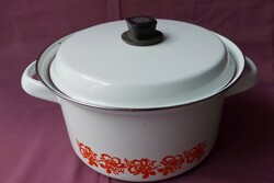 Old retro enameled pot with footed lid - 23 cm diam.