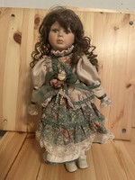 40cm vintage Promenade porcelain doll, with a charming face and brown curly hair