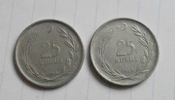 Törökország , 25 Kurus, 1966 , 1959 , pénz , érme , 2db.