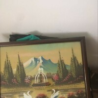 Swans on the lake, background in a brown frame painting for sale