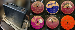 Record bag + 6 gramophone records hmv Hungarian production | gramophone record sword treble clef