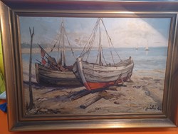 Fishing boats, oil painting