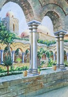 Palermo, Italy: Church of Saint John the Hermit - signed watercolor - Mediterranean atmosphere!