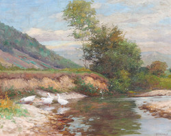 Tibor Szontágh: landscape with stream and geese