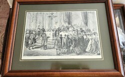 Coronation feast of Ferenc József 1867 Buda King's Palace marked Charles of Rus engraving + frame