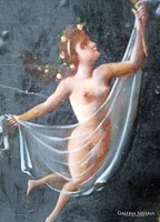 Veiled female nude with mirror; oil painting on cardboard