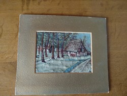Cottage in the woods, antique needle tapestry, 12.5x9.5 cm, negotiable
