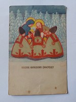 Régi karácsonyi képeslap Szent család Háromkirályok