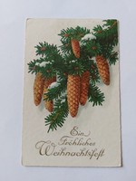 Old Christmas postcard with cone and pine branch