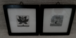 2 small mini-etched pictures with signature in the lower right corners and in a frame