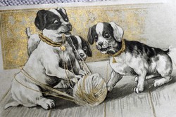 Antik grafikus litho nem képeslap / gombolytó kutyusok - hátoldala Le Bon Marché áruház reklám