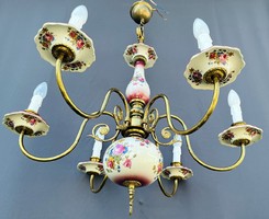 Chandelier with majolica inlay, painted flowers, eagle.