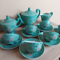 Jingdezhen Famille Rose Shou Mun Tűrkíz porcelán teás készlet