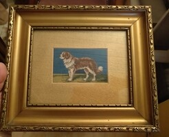 Saint Bernard dog, framed in antique tapestry, 29x25.5 cm, negotiable