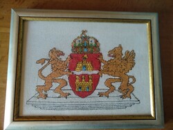 Coat of arms of Budapest, cross-stitch embroidery, 40x30 cm, in a new frame, negotiable