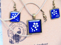 Fire enamel jewelry set with blue painting pattern, earrings, necklace