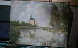 Windmill, antique oil painting, stretched on a frame, negotiable