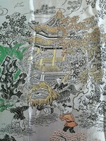 Antik, nagyon szép, hibátlan selyem, sokalakos, pagodás kínai, keleti terítő