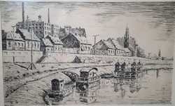 Béla Müller: waterfront, original marked ink drawing