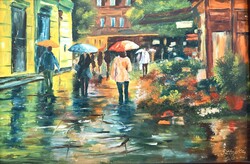 Anna Sstopka: town section in the rain - painting