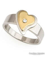 Medical steel gold-silver colored heart ring with white zirconia.