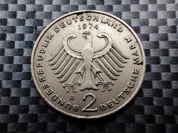Németország 2 márka, 1974 20 éves a Szövetségi Köztársaság (1949 -1969) - Konrad Adenauer Verdejel D