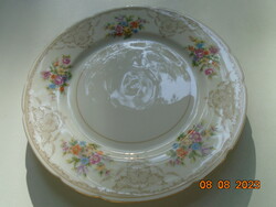 Antique colorful flower bouquet and baroque rosary enamel grid pattern marked cake plate