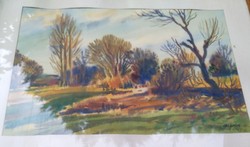 Boka decorative watercolor! Autumn landscape in somogy / 1979. Size 40x60, with frame 53x73cm